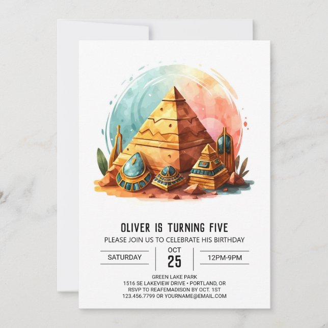  Ancient Egypt Gold Editable Pyramids Birthday Invitation (Front)