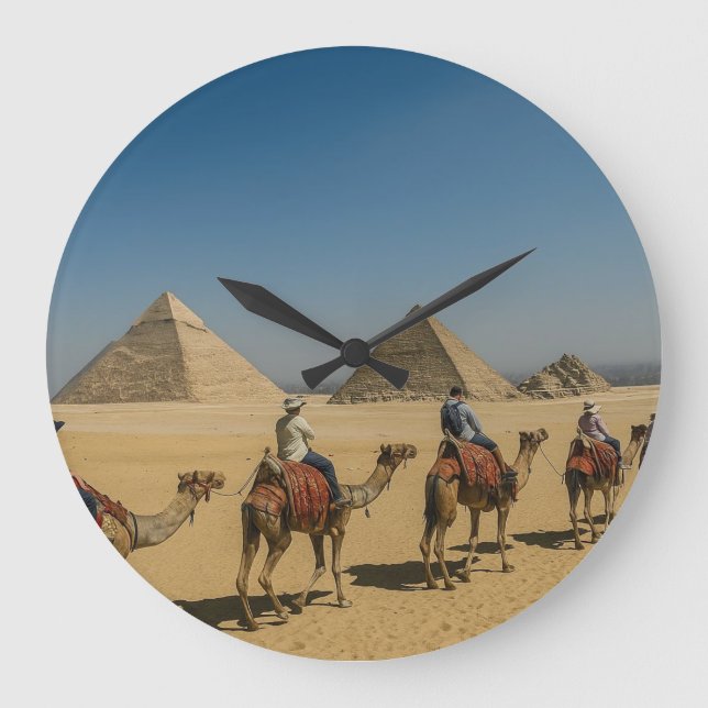 Ancient Egypt pyramids desert Camel Ride Large Clock (Front)