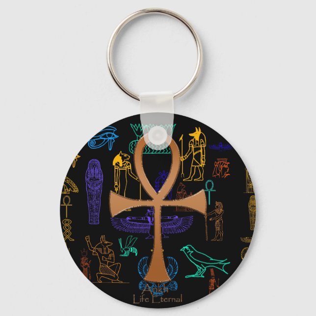 Ancient Egyptian Art Symbols & Copper Ankh Key Ring (Front)
