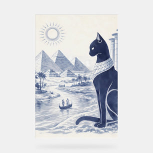 Ancient Egyptian Bastet Cat and Pyramids Blue Acrylic Sign