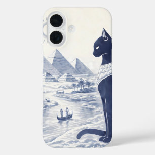 Ancient Egyptian Bastet Cat and Pyramids Blue iPhone 16 Case