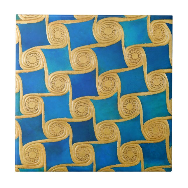 Ancient Egyptian Blue Gold Geometric Pattern Tile (Front)