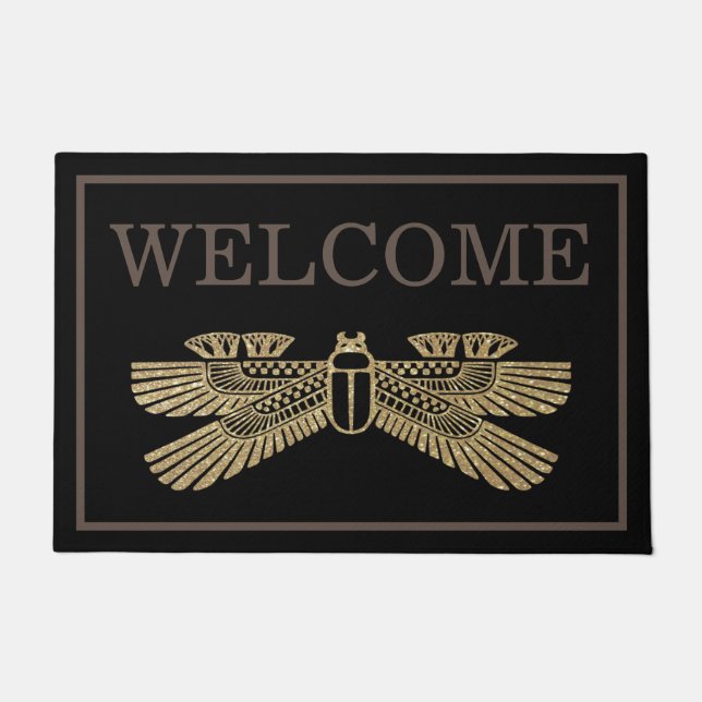 Ancient Egyptian Hieroglyphic Gold Glitter Scarab Doormat (Front)