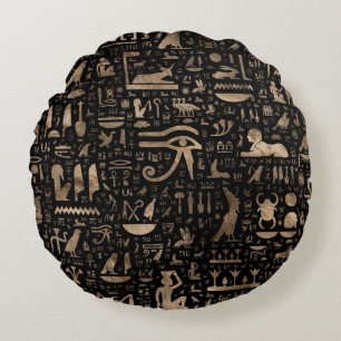 Ancient Egyptian hieroglyphs - Black and gold Round Cushion