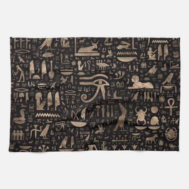 Ancient Egyptian hieroglyphs - Black and gold Tea Towel (Horizontal)