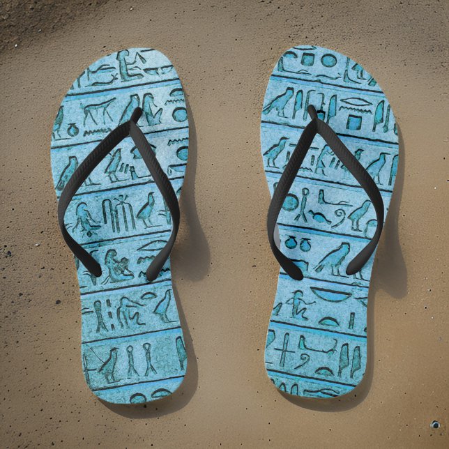 Ancient Egyptian Hieroglyphs Blue Flip Flops (Walk like an ancient Egyptian in our stylish flip flops! 👣💙 #HieroglyphicChic #SummerVibes)