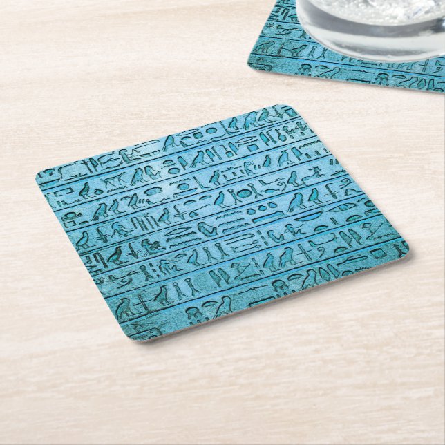 Ancient Egyptian Hieroglyphs Blue Square Paper Coaster (Angled)