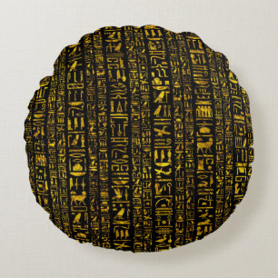 Ancient Egyptian hieroglyphs gold and black colour Round Cushion