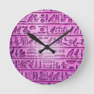 Ancient Egyptian Hieroglyphs Purple Round Clock