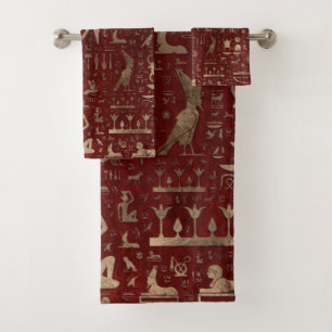 Ancient Egyptian hieroglyphs Red Leather and gold Bath Towel Set