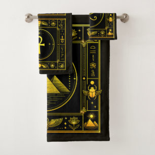 Ancient Egyptian Symbols Black Gold Monogram Bath Towel Set