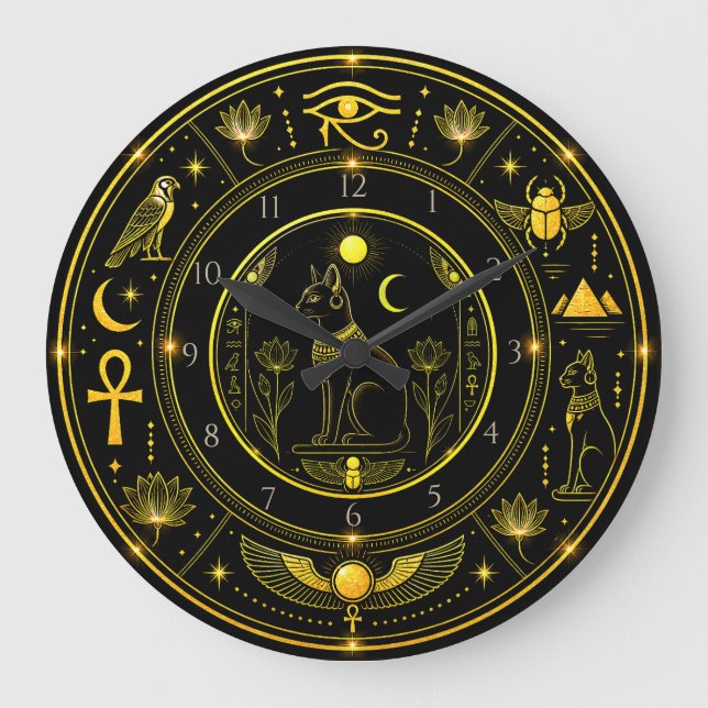 Ancient Egyptian Symbols Black Gold Pattern Luxury Large Clock (Front)