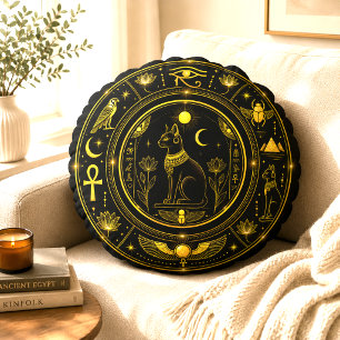 Ancient Egyptian Symbols Black Gold Pattern Luxury Round Cushion