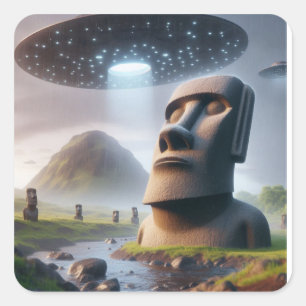 Ancient Encounter: Moai Statues and UFOs Square Sticker