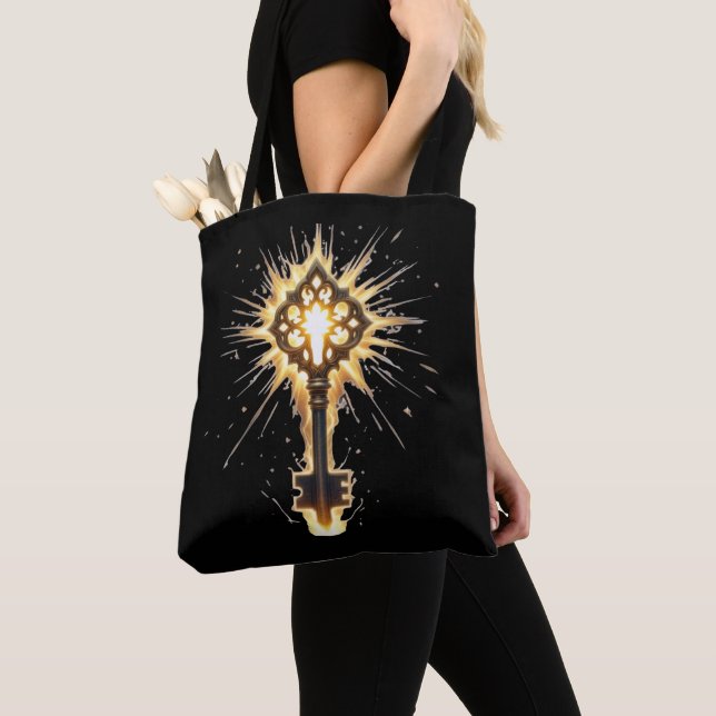 Ancient Fantasy Key with Magical Light – Radiant E Tote Bag (Close Up)