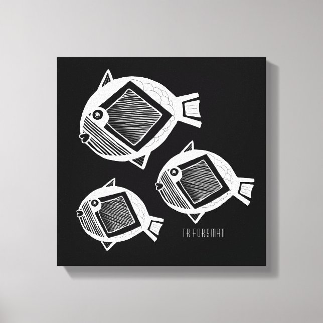 Ancient fish white ink black canvas print (Front)