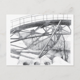 Ancient footbridge. Pencil drawing. Postcard