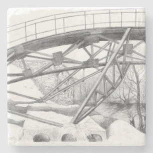 Ancient footbridge. Pencil drawing. Stone Coaster