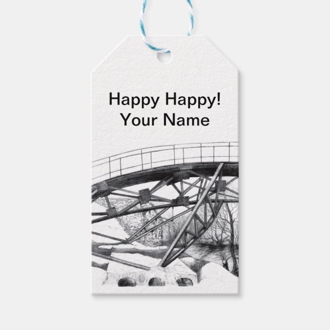 Ancient footbridge pencilart Monochrome Gift Tags (Front)
