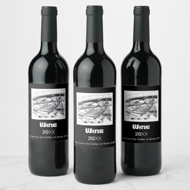 Ancient footbridge pencilart Monochrome Wine Label (Bottles)