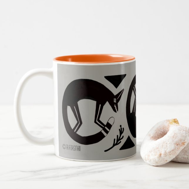 Ancient foxes  and flowers on grey/orange mug (With Donut)