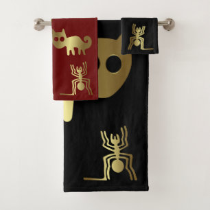 Ancient Geoglyphs Spider and Gold Cat Bath Towel Set