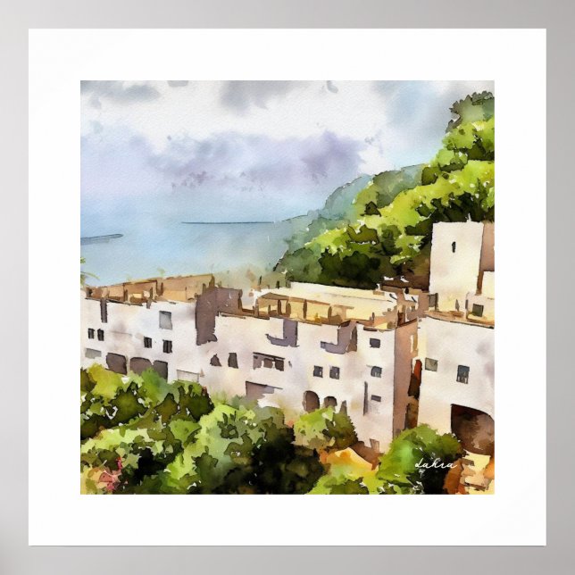 ANCIENT GREECE MOUNTAIN SIDE VILLAGE WATERCOLOR POSTER (Front)