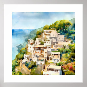 ANCIENT GREECE MOUNTAIN SIDE VILLAGE WATERCOLOR POSTER