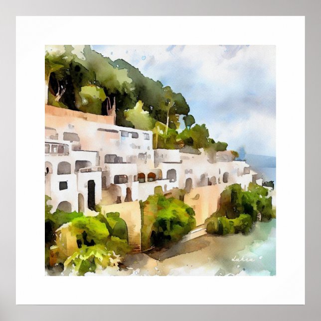 ANCIENT GREECE MOUNTAIN SIDE VILLAGE WATERCOLOR POSTER (Front)