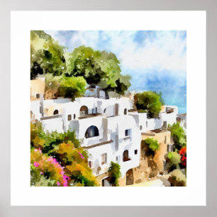 ANCIENT GREECE SEASIDE VILLAGE WATERCOLOR POSTER