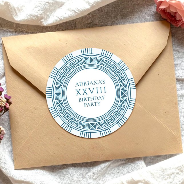 Ancient Greece themed party  with blue pattern Classic Round Sticker (Creator Uploaded)