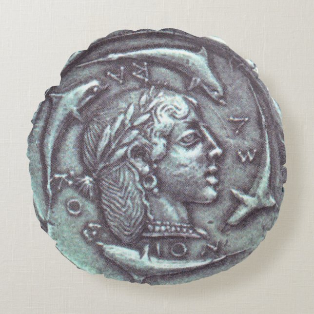 ancient Greek coin dolphins & portrait pillow (Front)