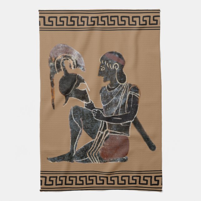 Ancient Greek hoplite looking at his helmet Tea Towel (Vertical)