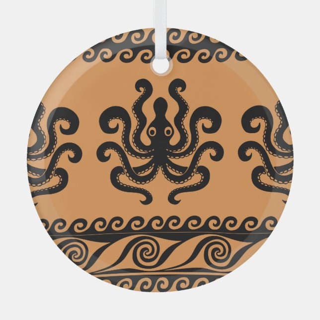 Ancient Greek octopus, wave pattern Glass Tree Decoration (Front)