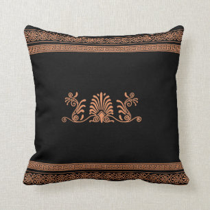 Ancient Greek Style Black and Orange Floral Design Cushion
