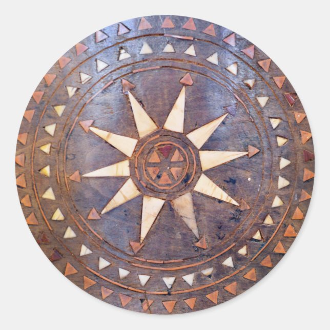 ancient greek symbol wood ethnic sun motif carved classic round sticker (Front)