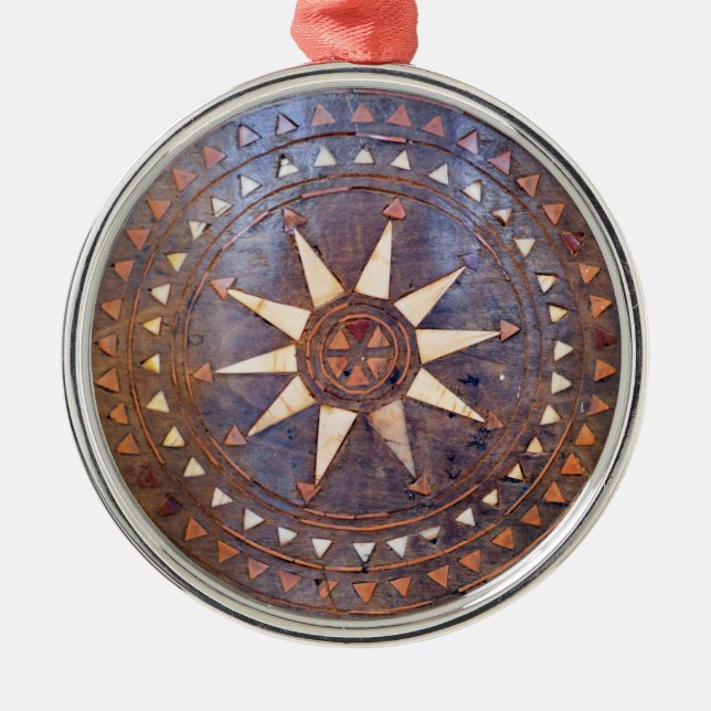 ancient greek symbol wood ethnic sun motif carved metal tree decoration (Front)