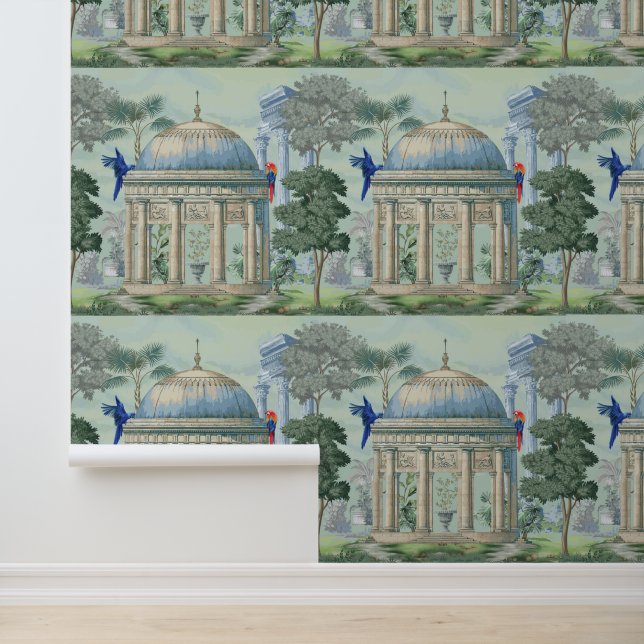 Ancient Greek Temple Garden Macaw Bird Pixie Green Wallpaper (Application)