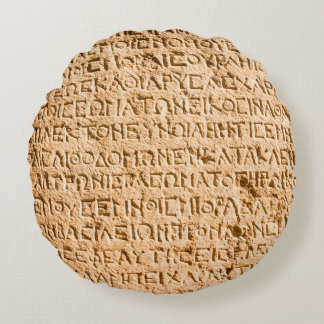 ancient Greek writing chiseled on stone Round Cushion