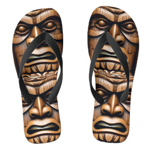 Ancient Guardians: Tiki Wood Art Flip Flops