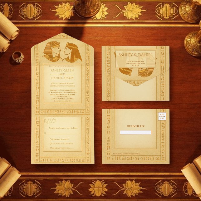 Ancient Hieroglyphs King & Queen Wedding Gold Foil All In One Invitation (Creator Uploaded)