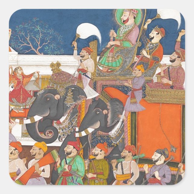 ANCIENT INDIA ROYAL ELEPHANT PROCESSION SQUARE STICKER (Front)
