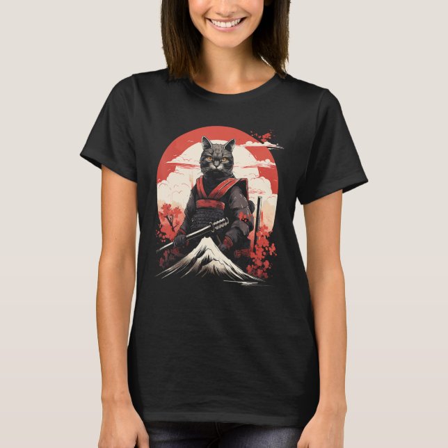 Ancient Japan Warrior Ninja Cat Samurai Kitty T-Shirt (Front)