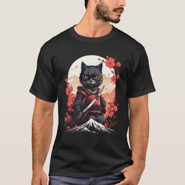 Ancient Japan Warrior Ninja Cat Samurai Kitty T-Shirt (Front)