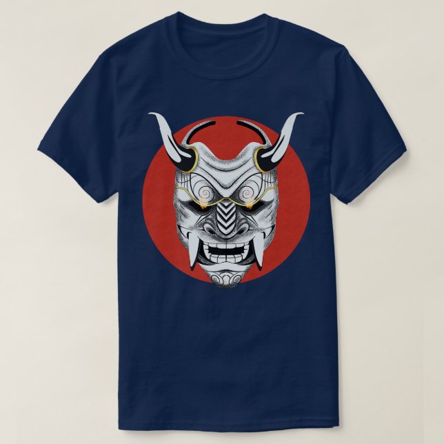 Ancient Japanese Art, Red moon Oni Mask Ogre Samur T-Shirt (Design Front)