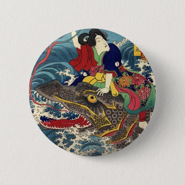 Ancient Japanese Painting, Japanese Woman Riding.. 6 Cm Round Badge (Front)