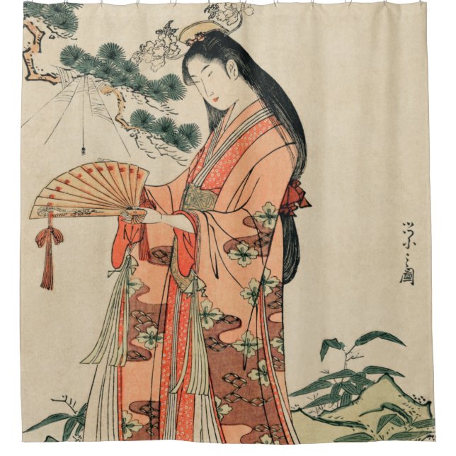 Ancient Japanese Wood Drawing with Woman Shower Curtain (Front)