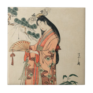 Ancient Japanese Wood Drawing with Woman Tile