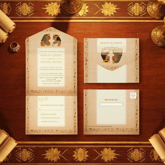 Ancient King and Queen Egyptian Wedding Gold Foil All In One Invitation (Creator Uploaded)