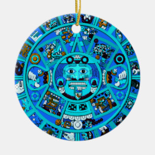 Ancient Mayan Aztec Symbol in Blue Ceramic Tree Decoration